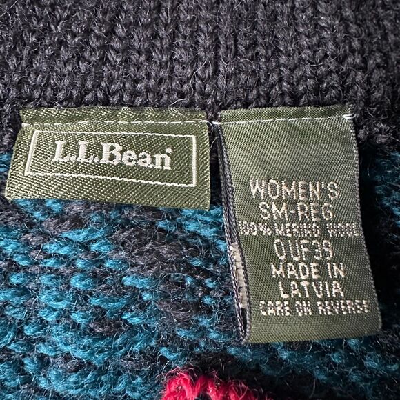 LL Bean Cardigan Sweater Women’s Small Green Nordic Fair Isle Merino Wool Knit - Picture 6 of 9